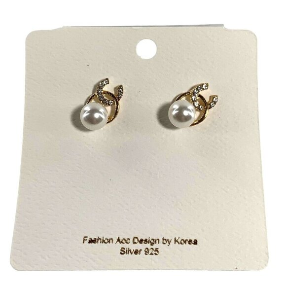 Gold & Silver 925 Pearl Stud Earrings With Rhinestone Accents - Picture 3 of 4